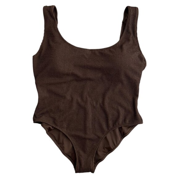 J. Crew Claudia Scrunchie‎ Scoop Neck One Piece Swimsuit Brown 20 CI255 Crinkle - Picture 1 of 12